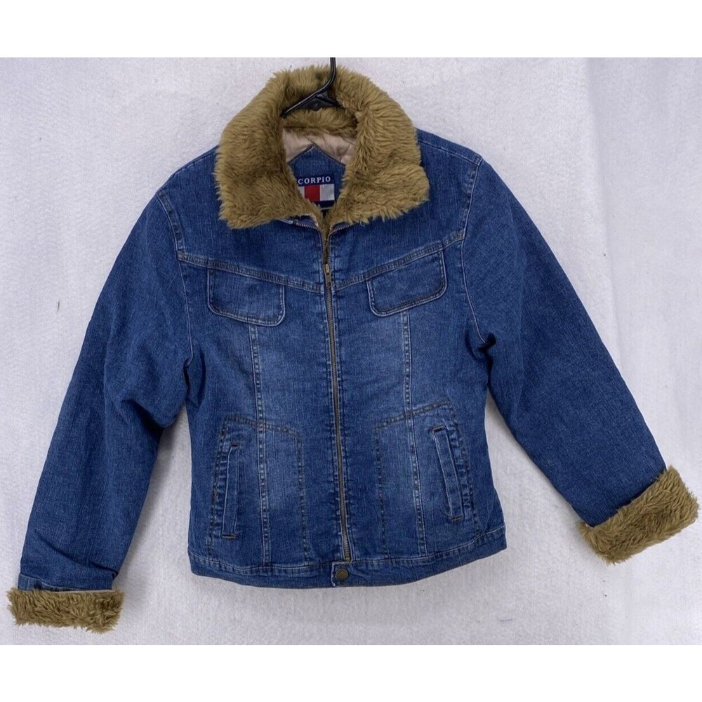 Vintage Scorpio USA Womens Medium Faux Fur Trim Denim Trucker Jacket Y2K Blue